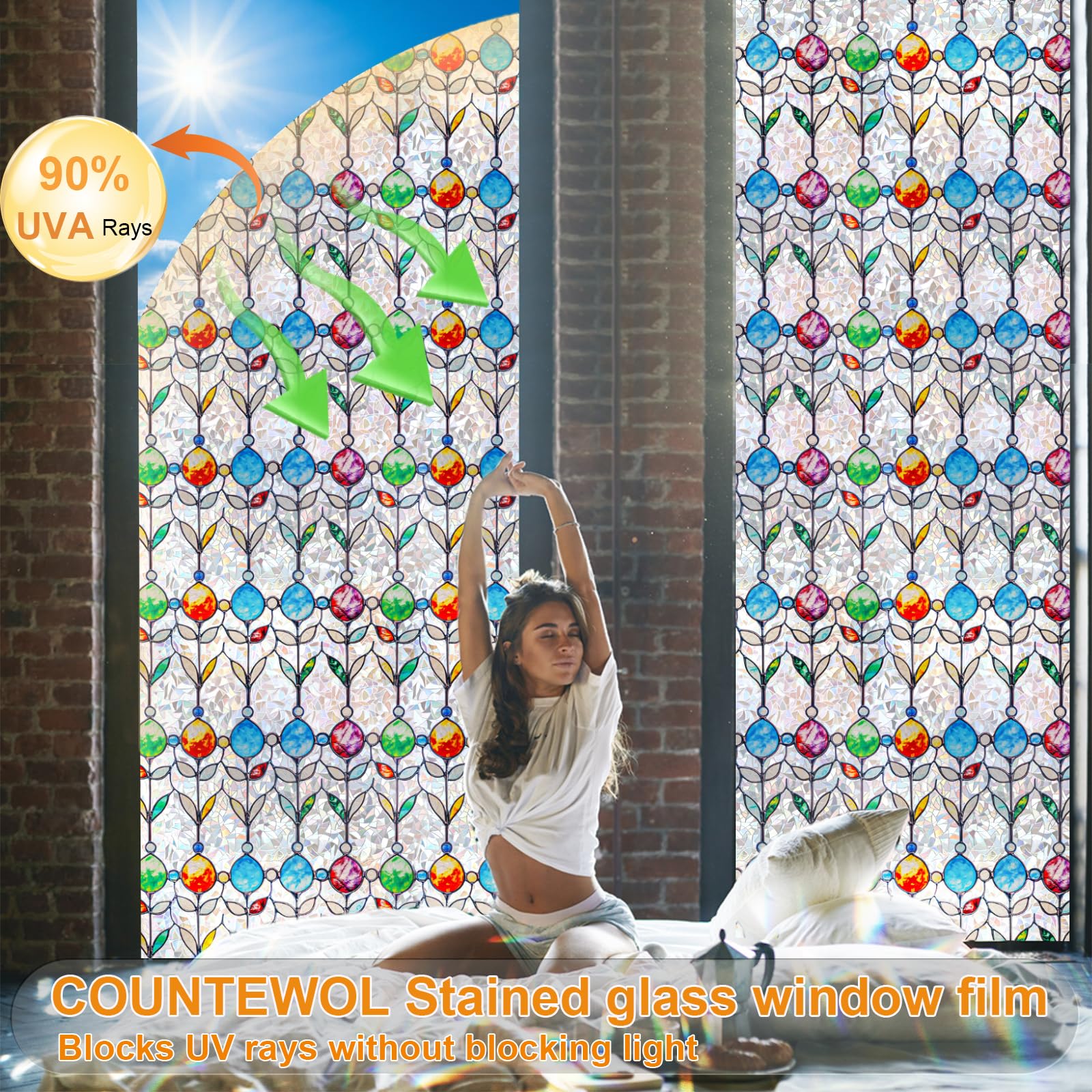 Countewol Rainbow Privacy Window Film Stained Glass Style Adhesive-Free Residue-Free Reusable Easy to Install with Tools (Rainbo